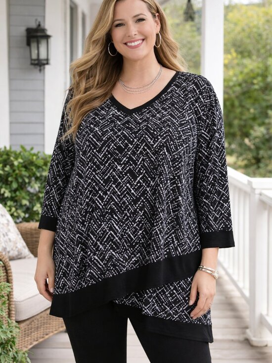 Catherines Tops - Catherines 2X Black White Geometric Tunic Top Stretch V-Neck Plus Size